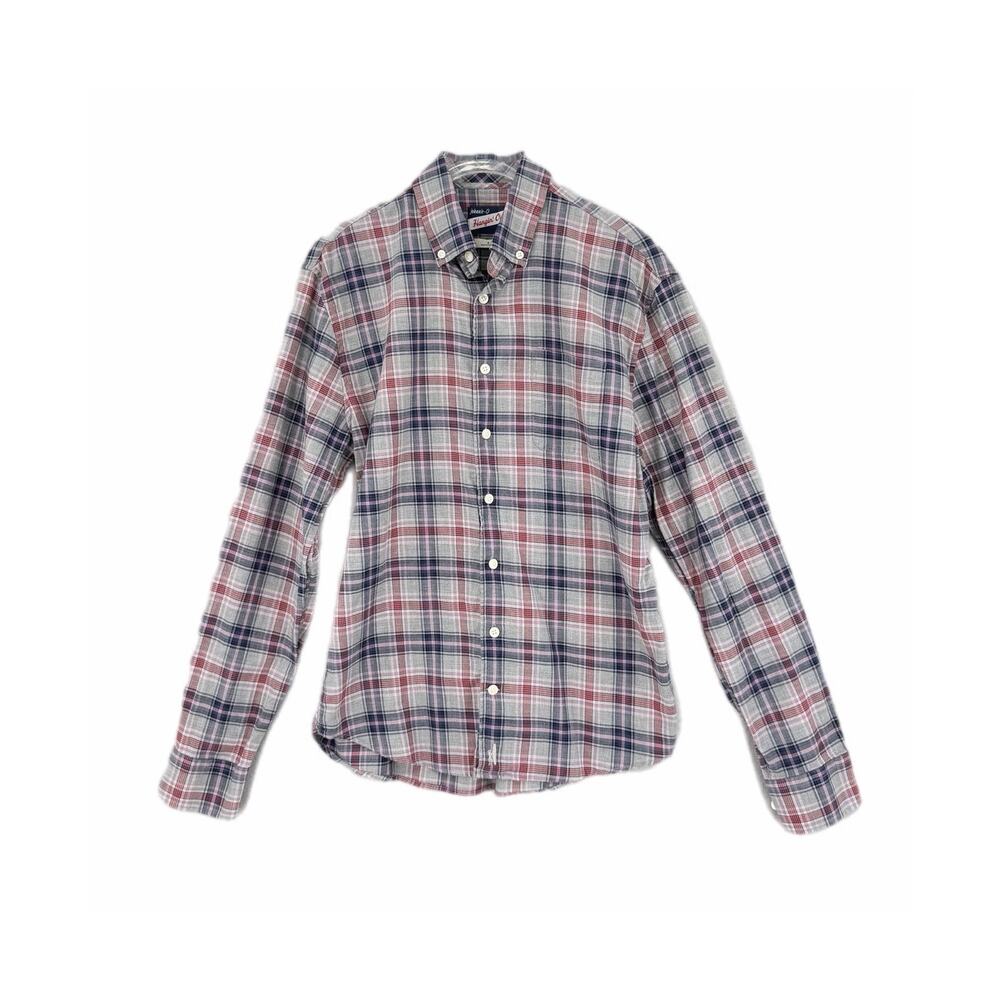 Johnnie-O Hanging Out Men's S 100% Cotton Gray Blue Plaid Button Collared Shirt